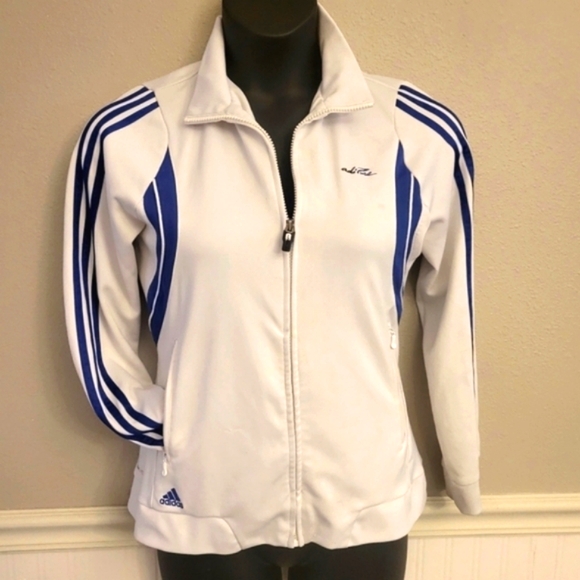 White Adidas Track Jacket Vintage Zip Sweatshirt Royal Blue Stripes Clima365 L - Picture 4 of 6